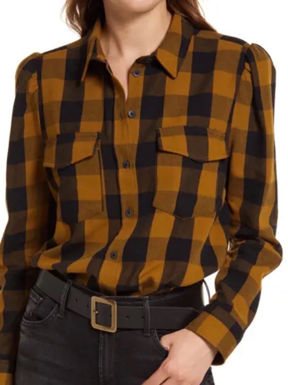 Treasure & Bond Puff Sleeve Mustard and Black Buffalo Plaid Shirt